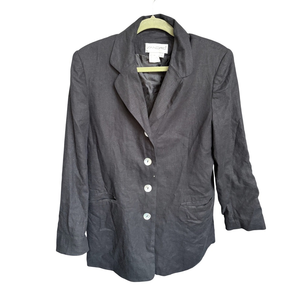 Sandro Vintage Blazer Black Linen Blend Mother of Pearl Buttons Size 12